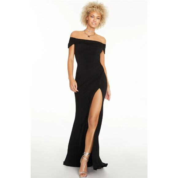 NEW Emerald Sundae Black Ruched Gown Size XS Side Slit Off The Shoulder Stretch - Picture 1 of 16